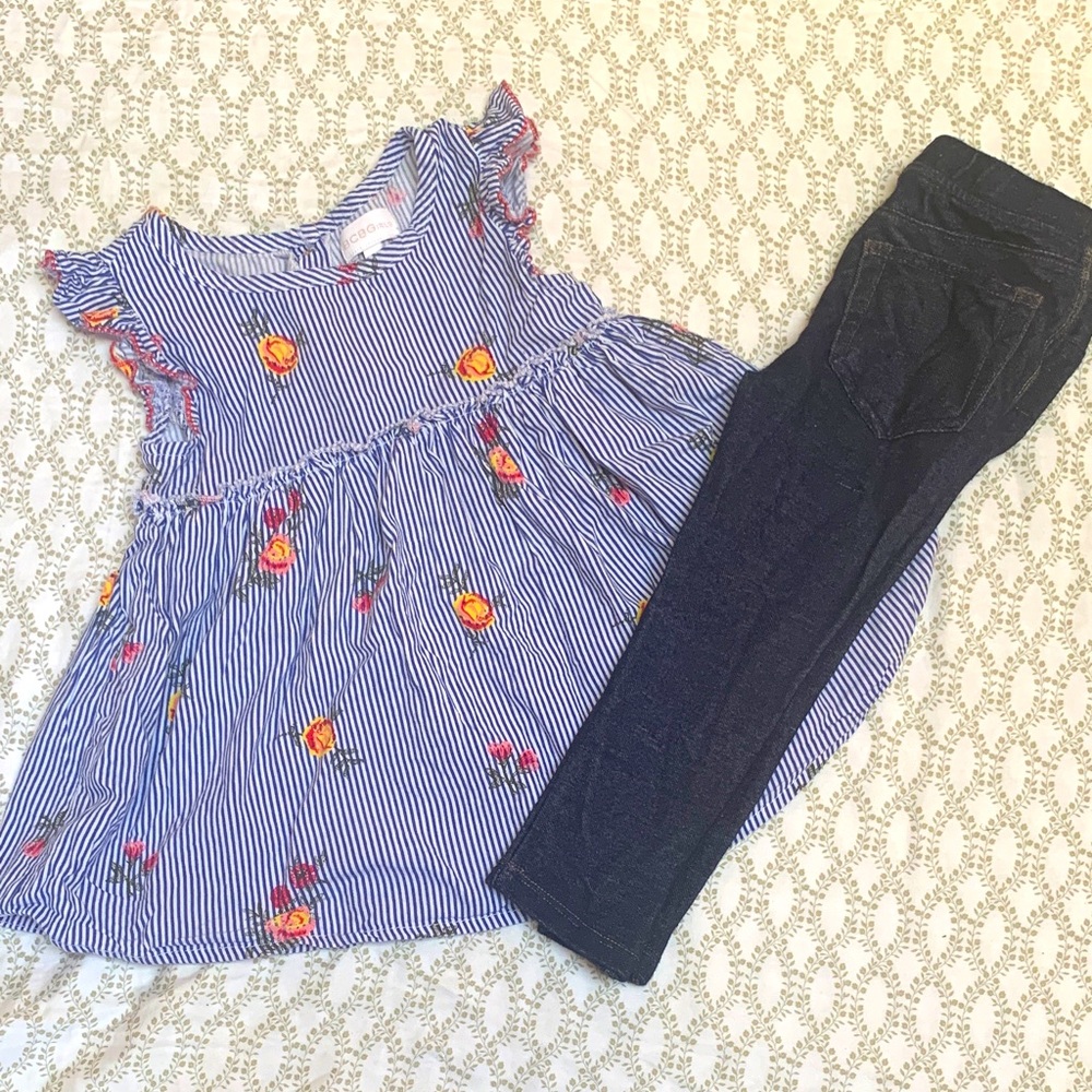 BCBGirls Striped Floral Top with Ruffle Sleeves and Dark Pant Set Girl 3T